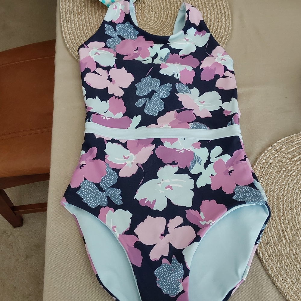 Zella Navy Floral Girls Swim One-Piece - Pink & Light Blue Flowers